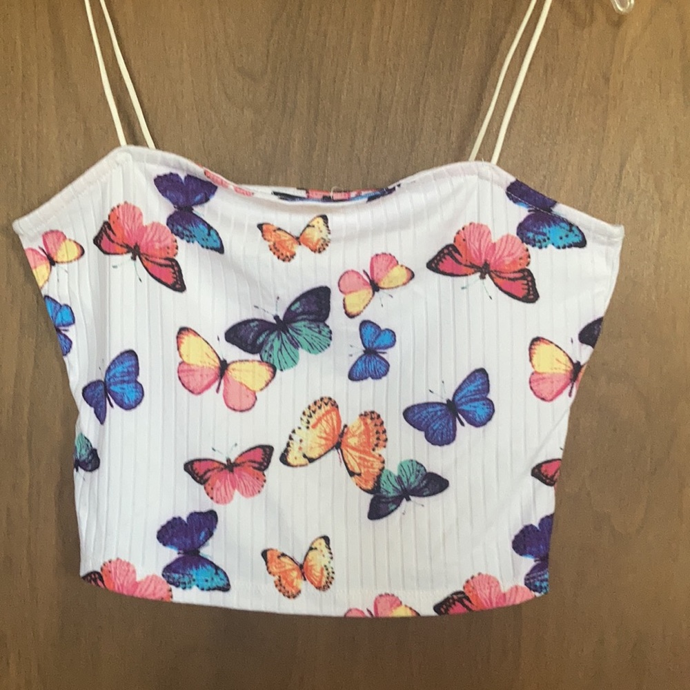 Rue21 top ribbed butterfly print crop top cropped spaghetti straps L jrs - Picture 5 of 14